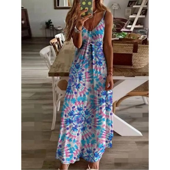Boho Tie Dye Spaghetti Strap Maxi Dress Blue Pink White - Picture 1 of 8